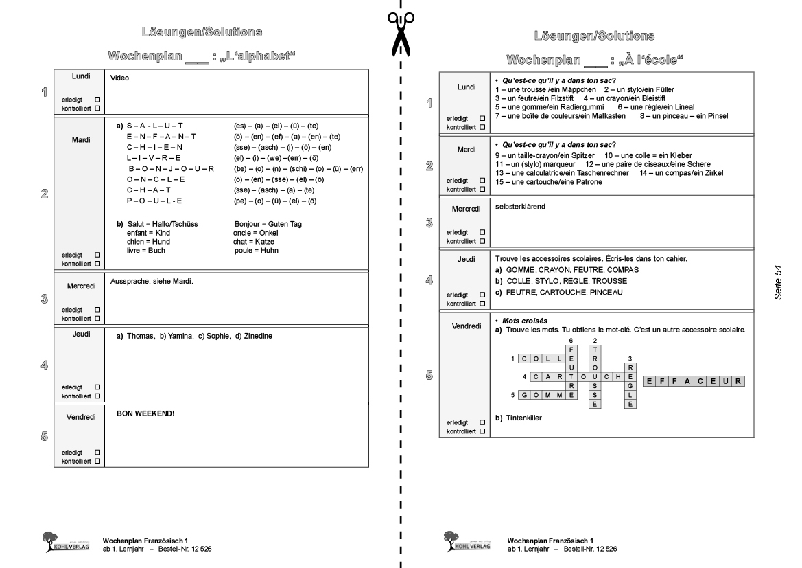 Wochenplan Französisch / ab 1. Lernjahr