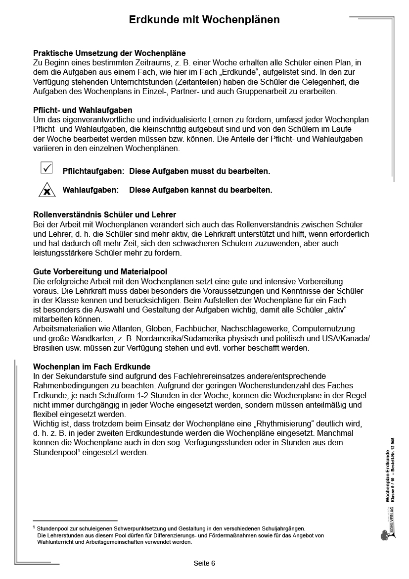 Wochenplan Erdkunde / Klasse 9/10