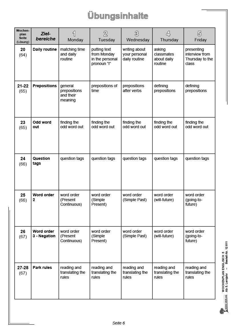 Wochenplan Englisch 5 - Ab 5. Lernjahr