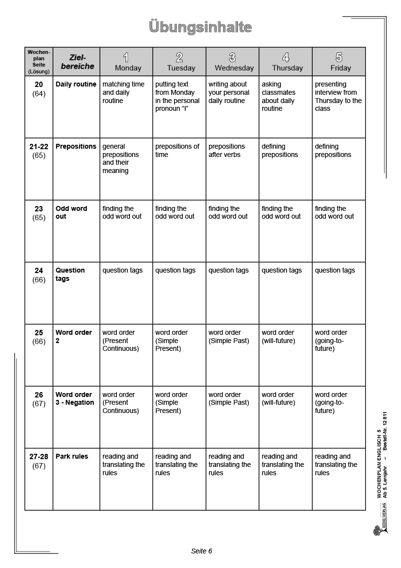 Wochenplan Englisch 5 - Ab 5. Lernjahr