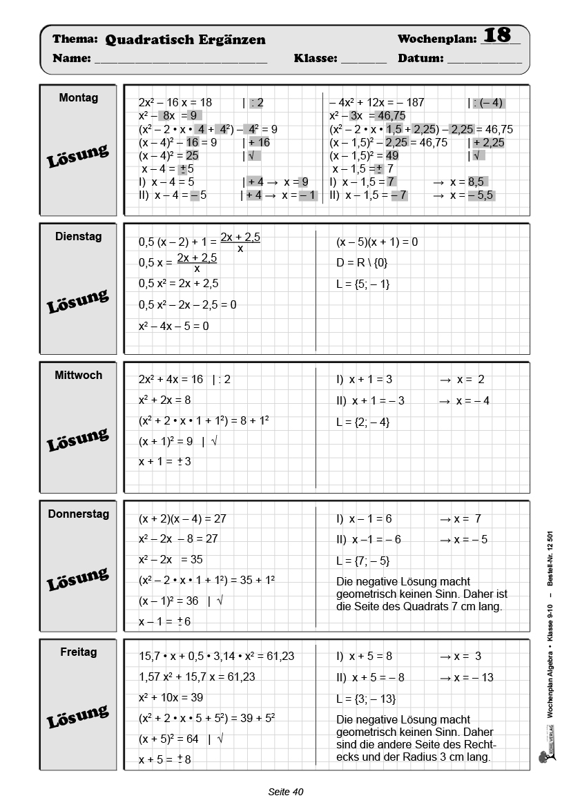 Wochenplan Algebra / Klasse 9-10