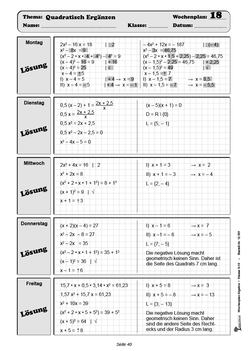 Wochenplan Algebra / Klasse 9-10