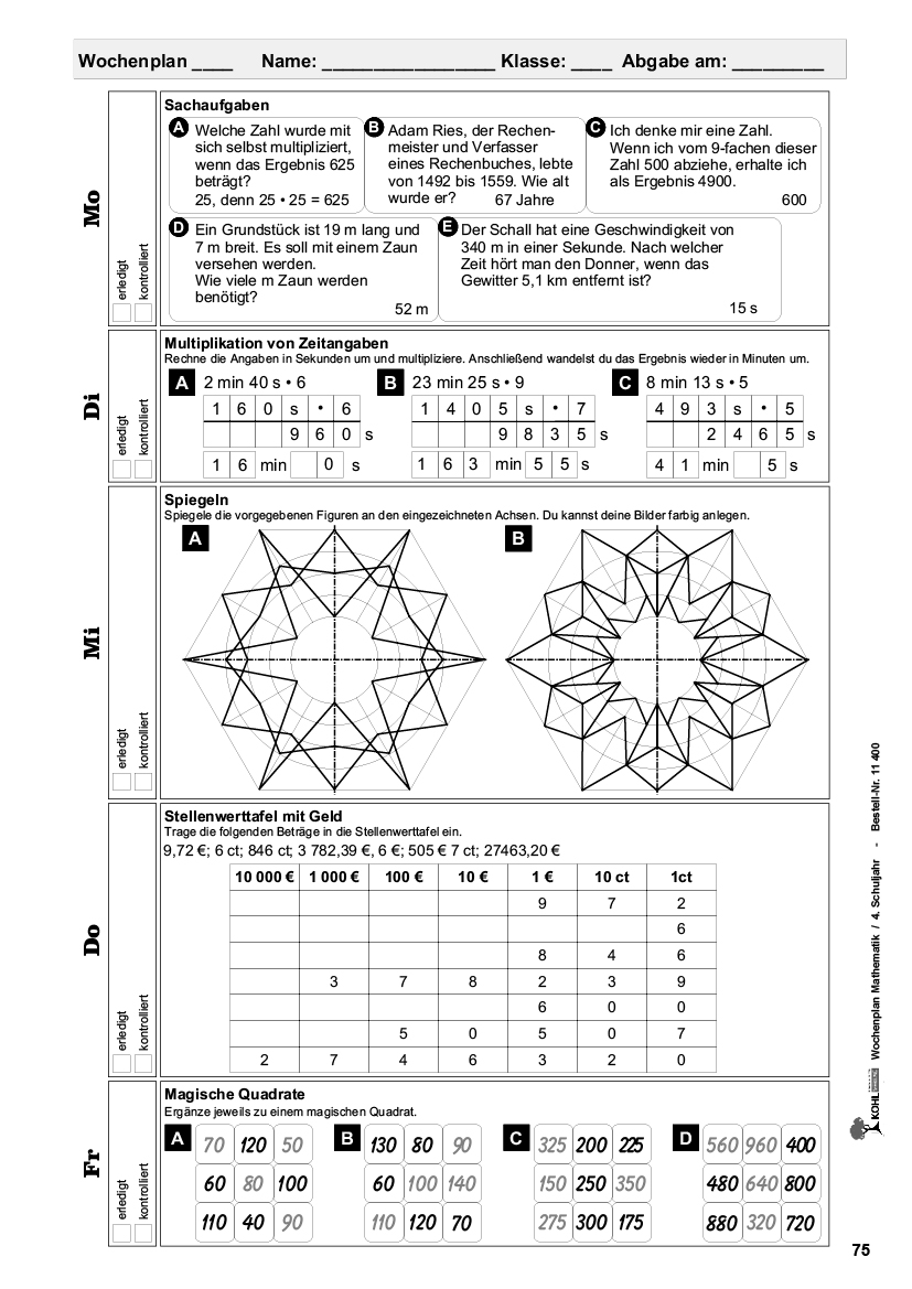 Wochenplan Mathe / Klasse 4