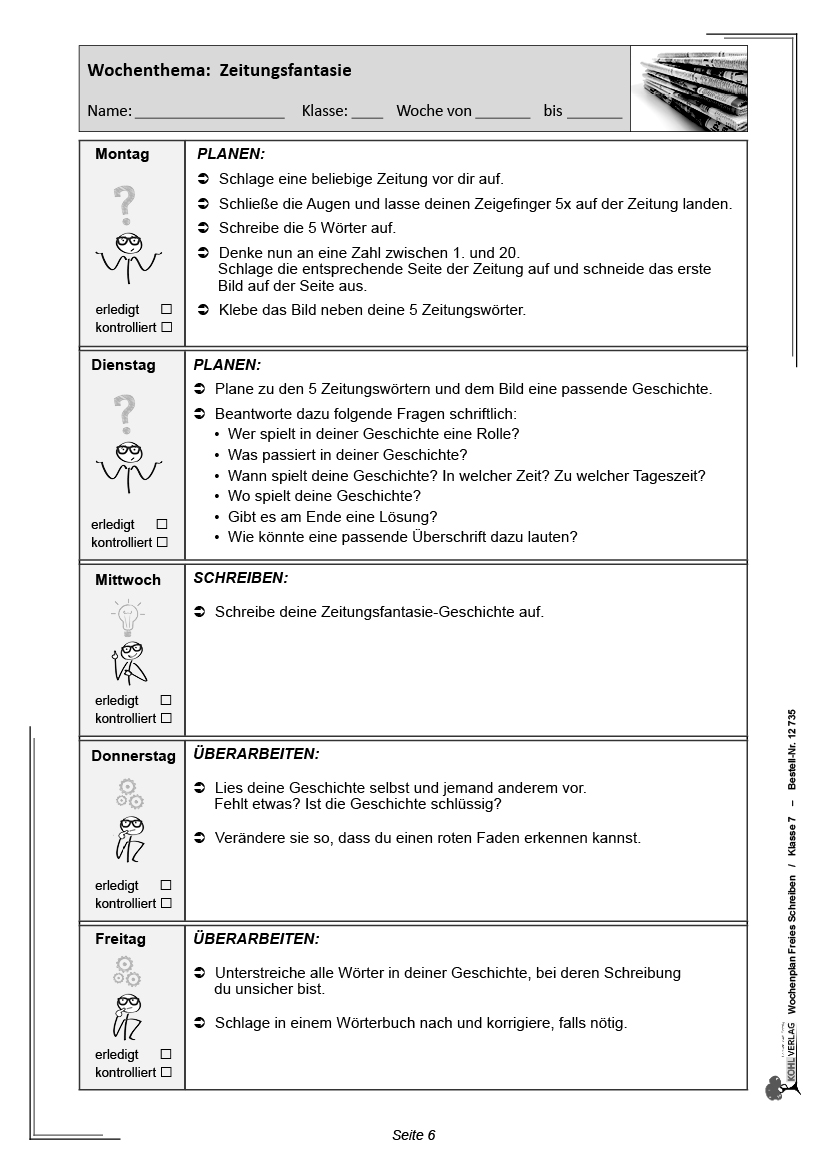 Wochenplan Freies Schreiben / Klasse 7