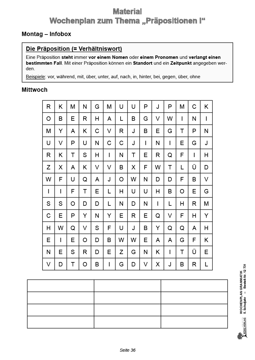 Wochenplan Grammatik / Klasse 5