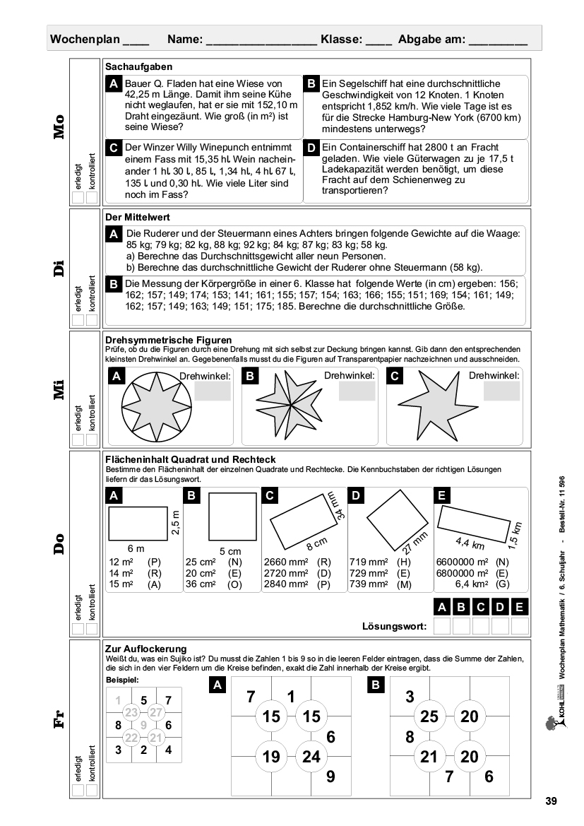 Wochenplan Mathe / Klasse 6