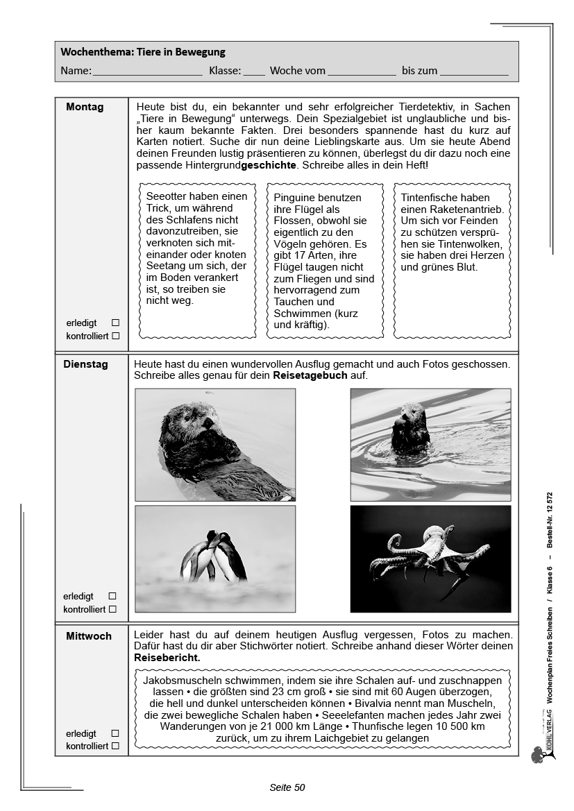 Wochenplan Freies Schreiben / Klasse 6