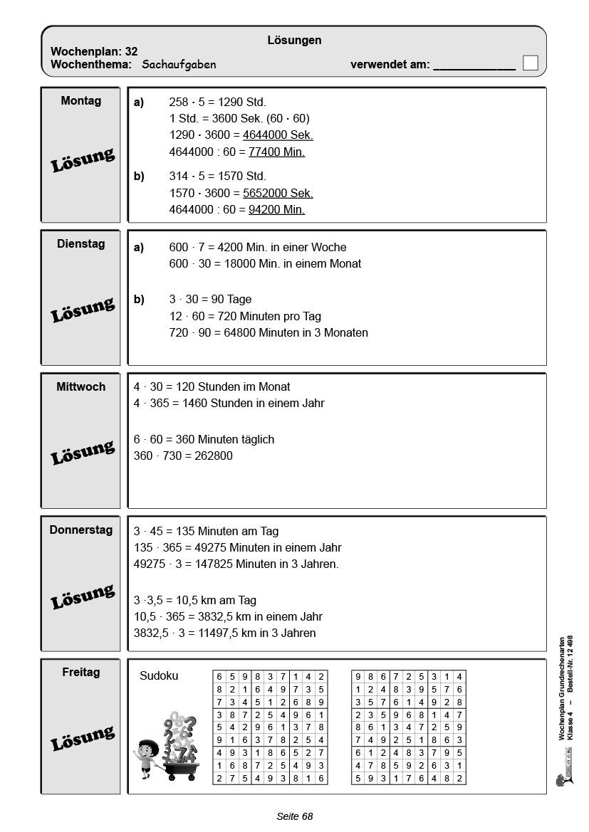 Wochenplan Grundrechenarten / Klasse 4