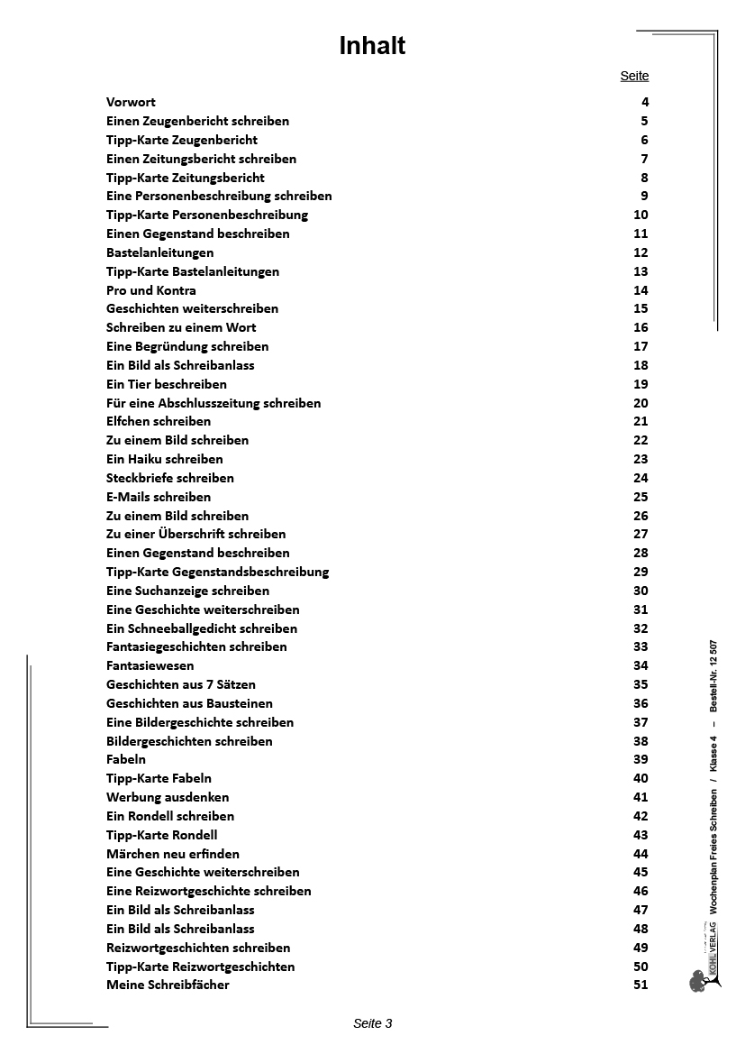 Wochenplan Freies Schreiben / Klasse 4