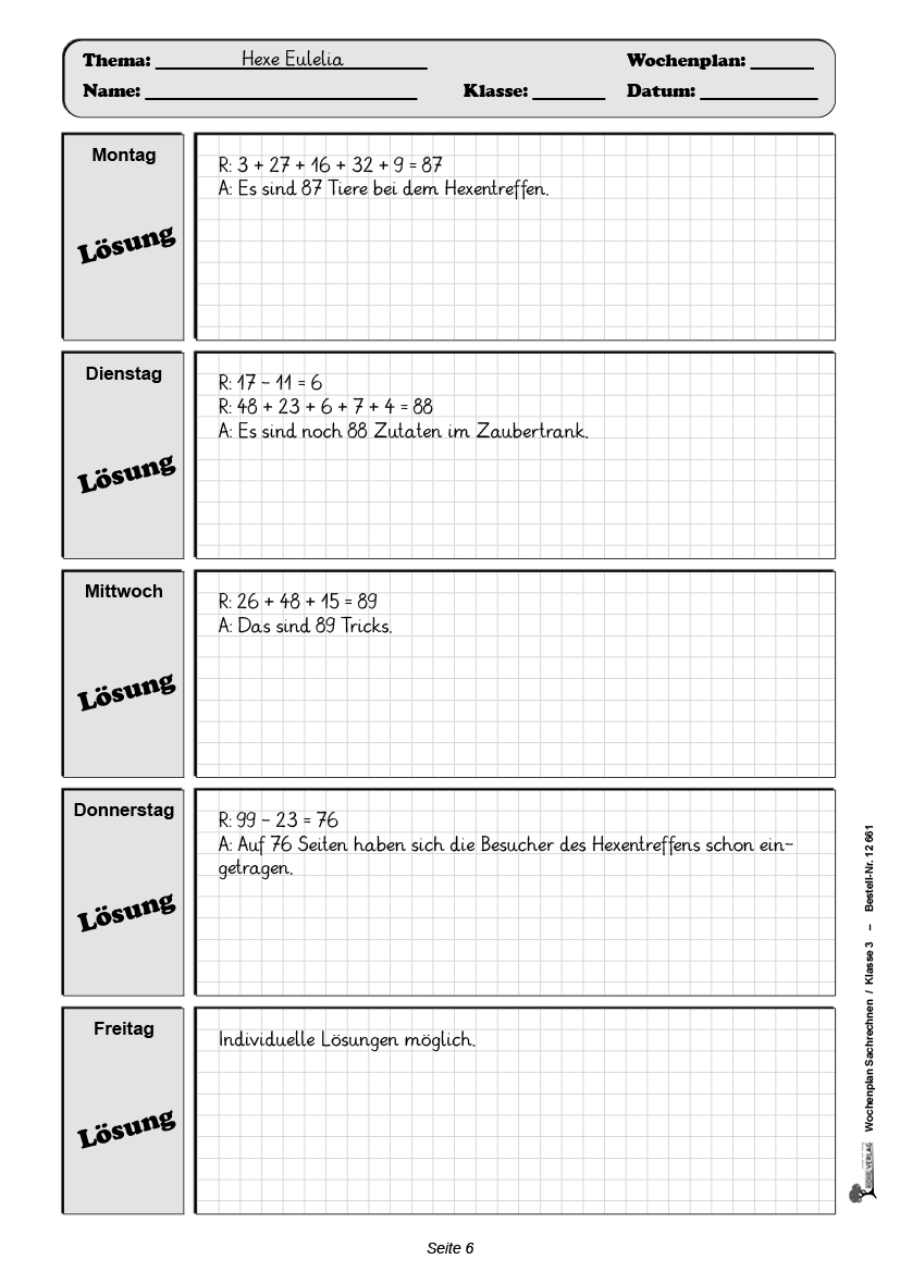 Wochenplan Sachrechnen / Klasse 3