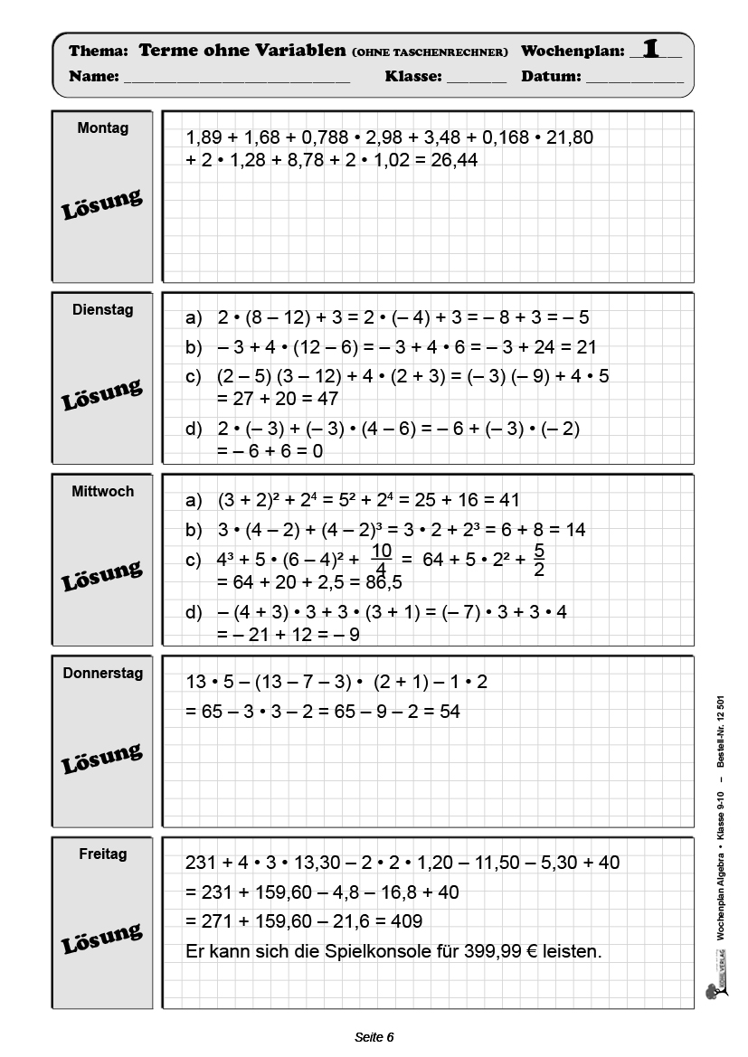 Wochenplan Algebra / Klasse 9-10