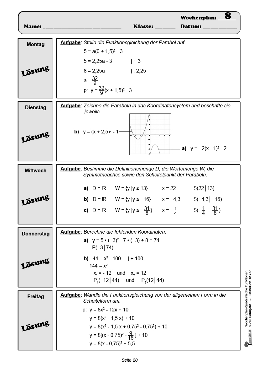Wochenplan Quadratische Funktionen / Klasse 9-10