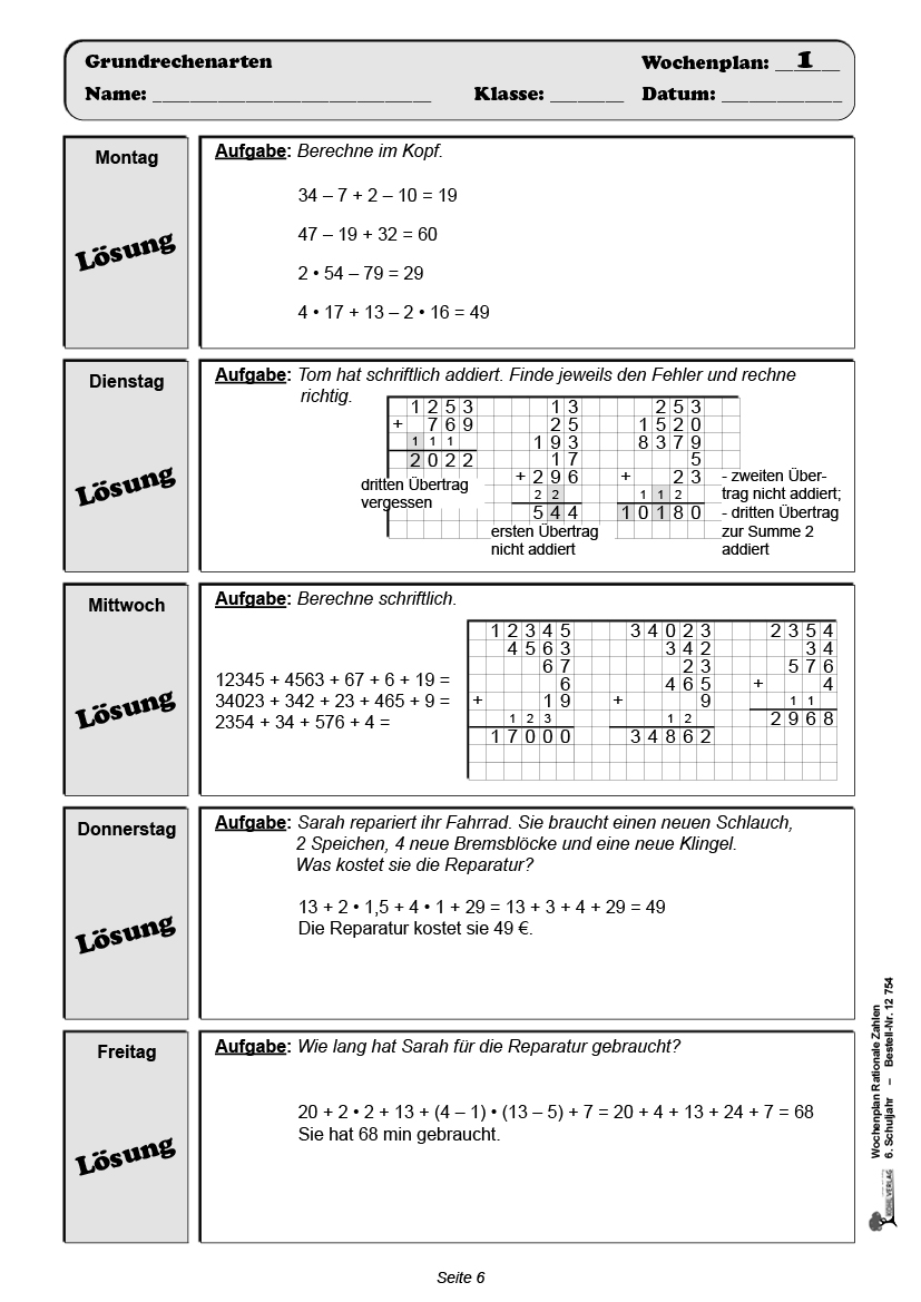 Wochenplan Rationale Zahlen / Klasse 6