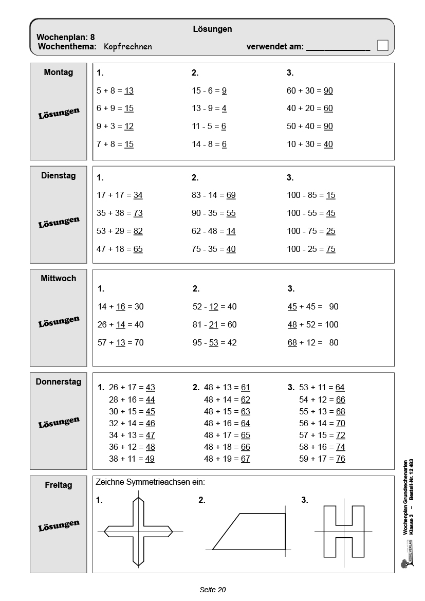 Wochenplan Grundrechenarten / Klasse 3