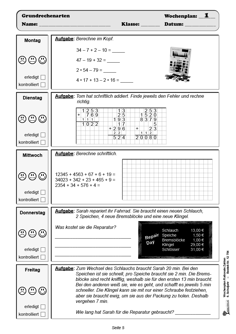 Wochenplan Rationale Zahlen / Klasse 6