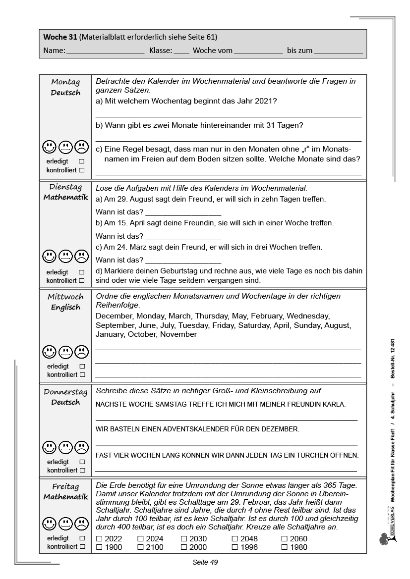 Wochenplan Fit für Klasse Fünf!