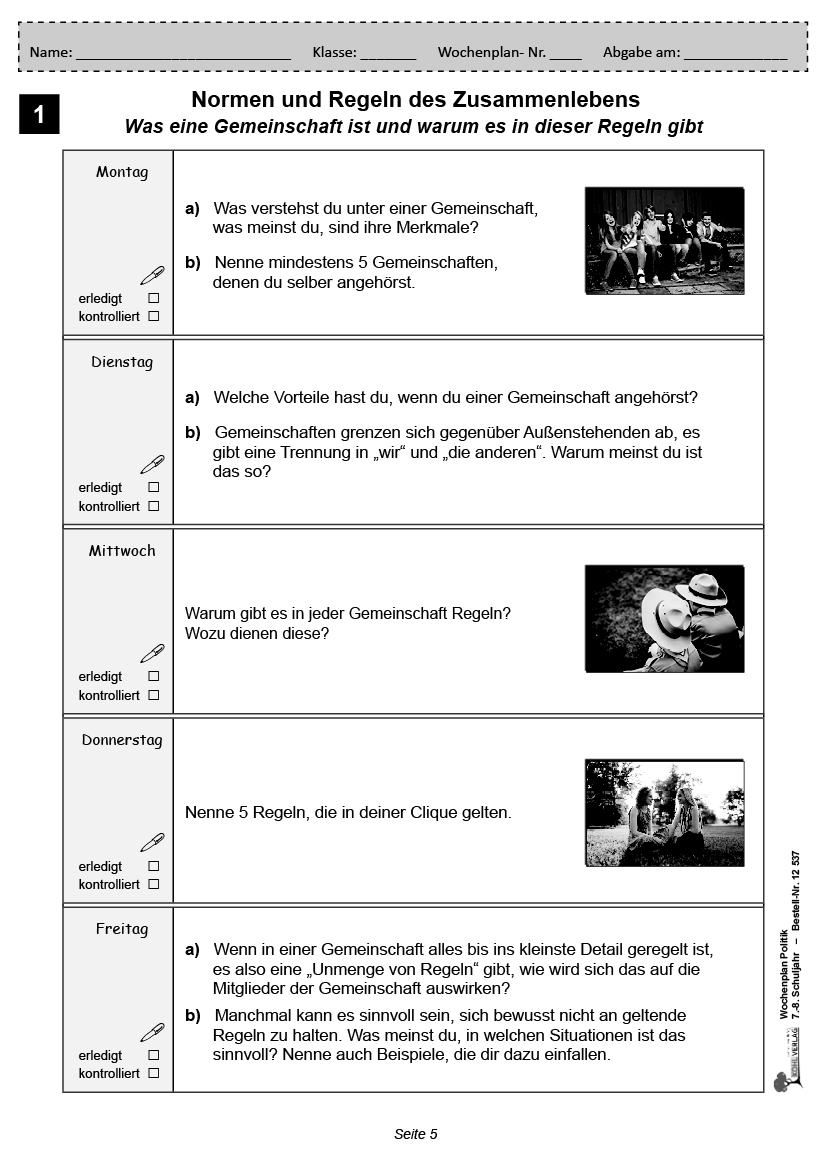 Wochenplan Politik / Klasse 7-8