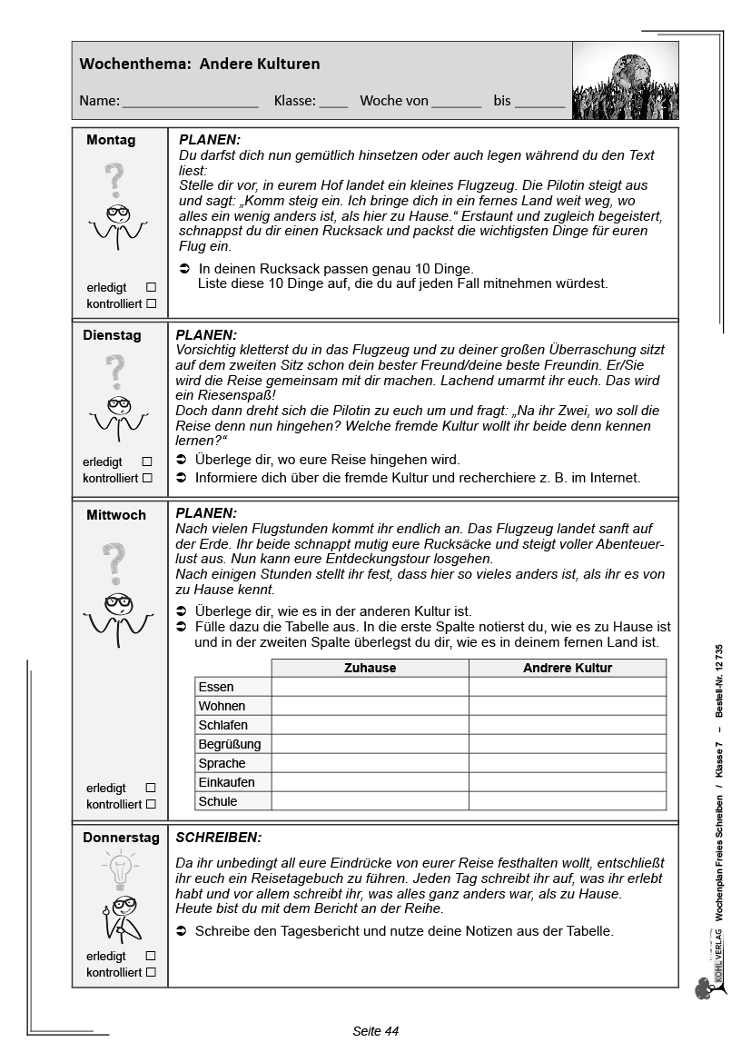 Wochenplan Freies Schreiben / Klasse 7