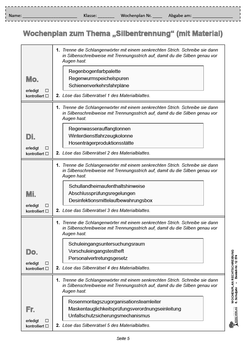 Wochenplan Rechtschreibung / Klasse 6