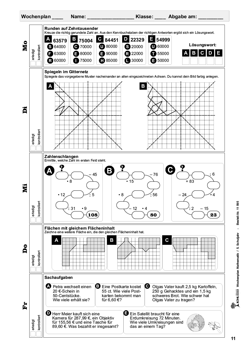 Wochenplan Mathe / Klasse 5