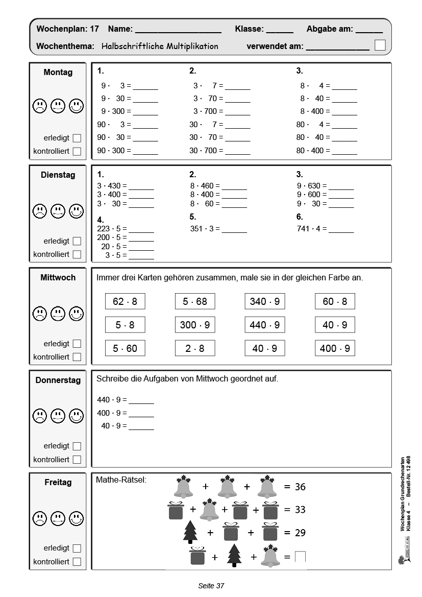 Wochenplan Grundrechenarten / Klasse 4