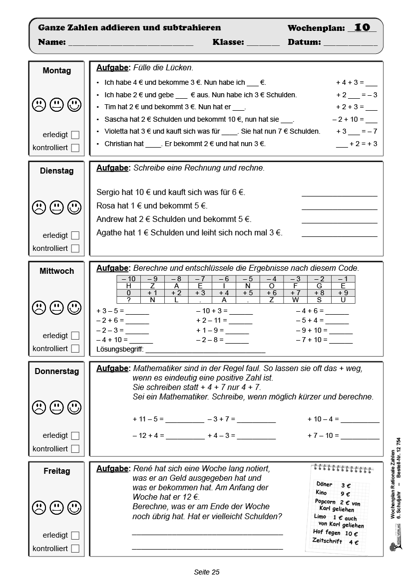 Wochenplan Rationale Zahlen / Klasse 6