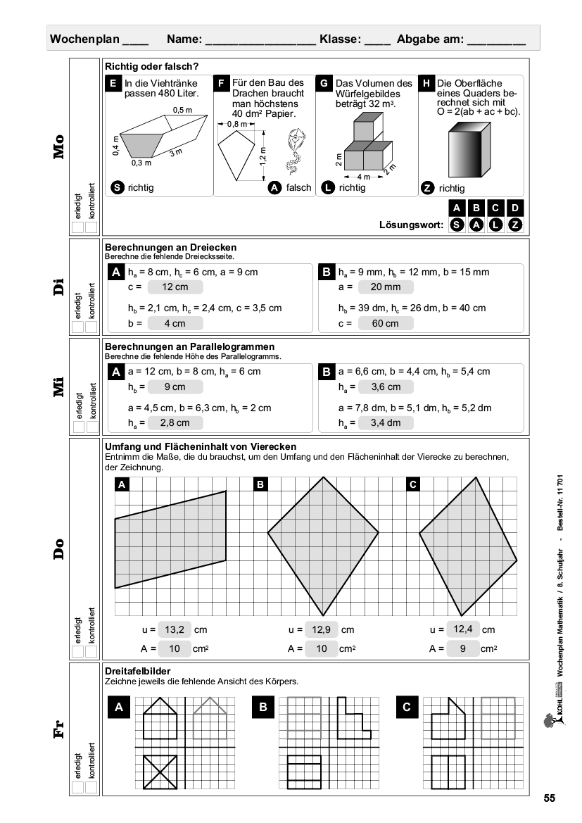 Wochenplan Mathe / Klasse 8