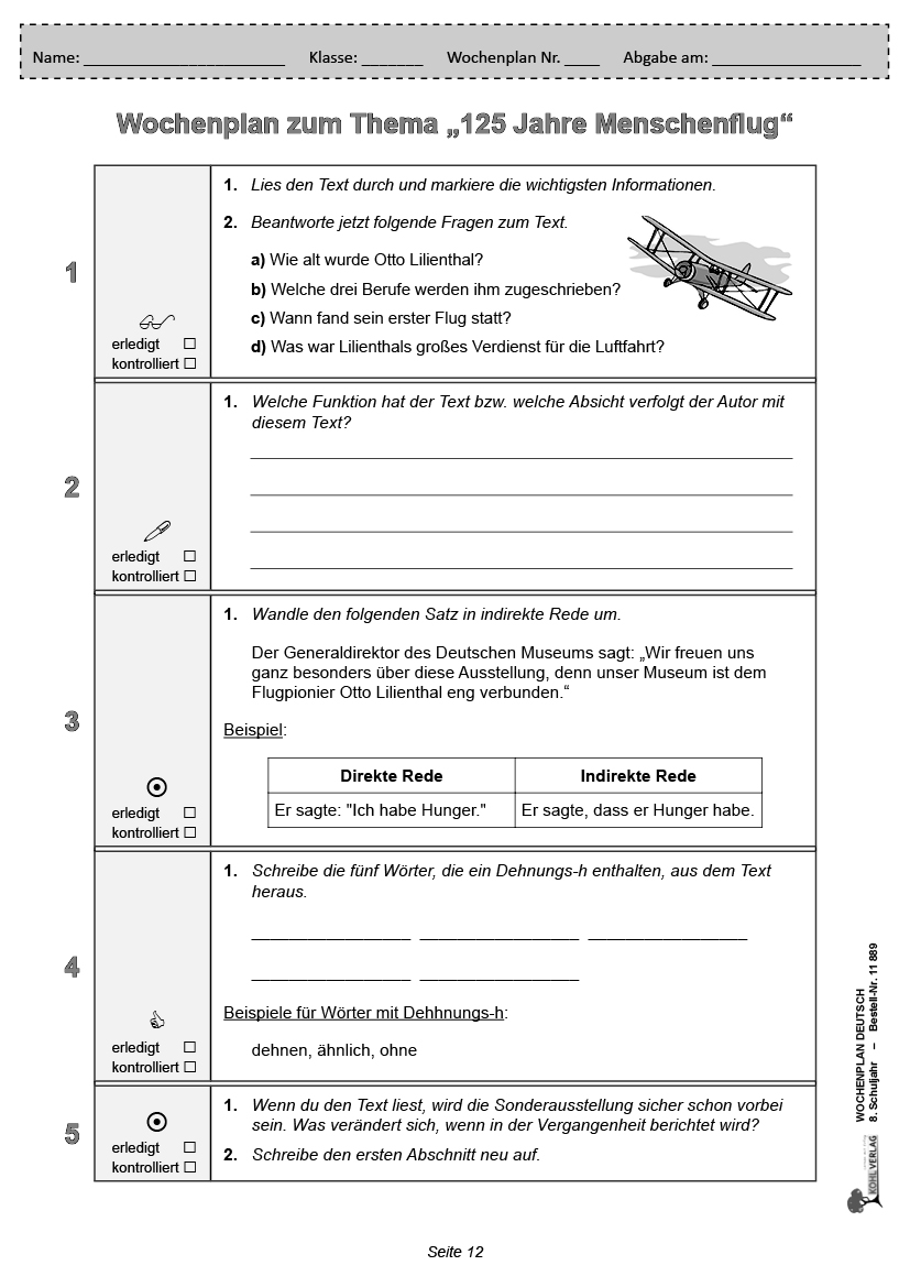 Wochenplan Deutsch / Klasse 8