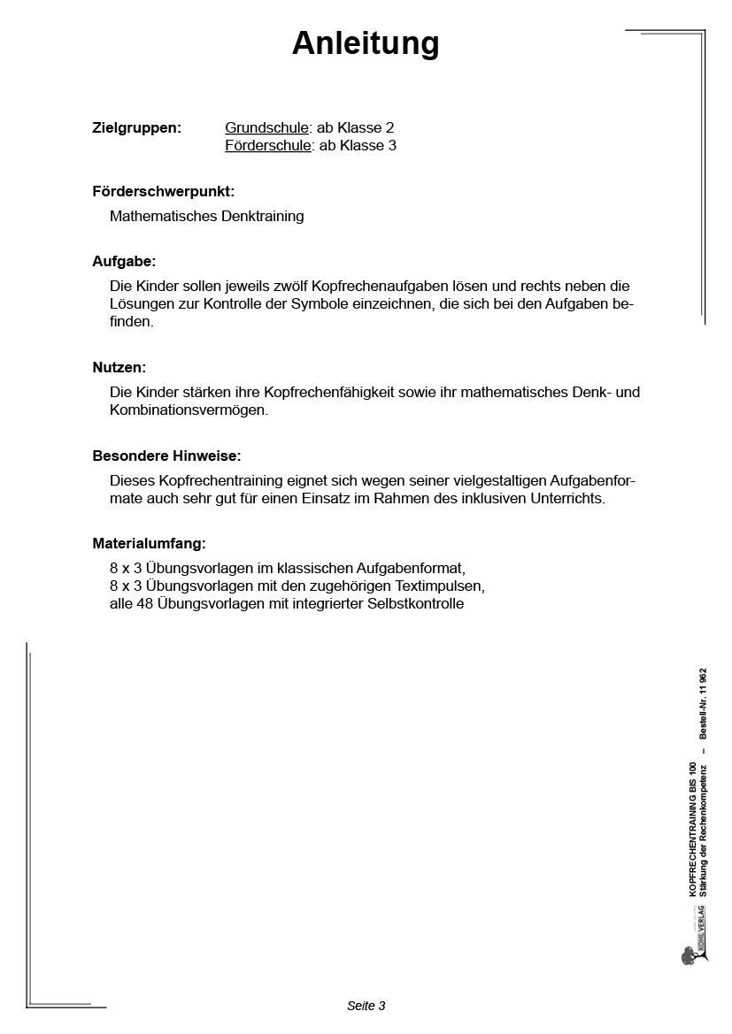 Kopfrechentraining bis 100 - Stärkung der Rechenkompetenz