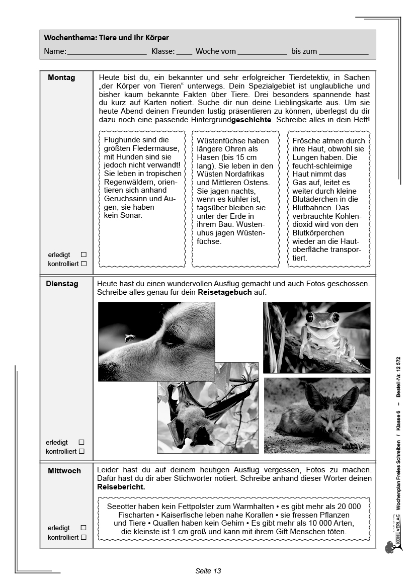 Wochenplan Freies Schreiben / Klasse 6