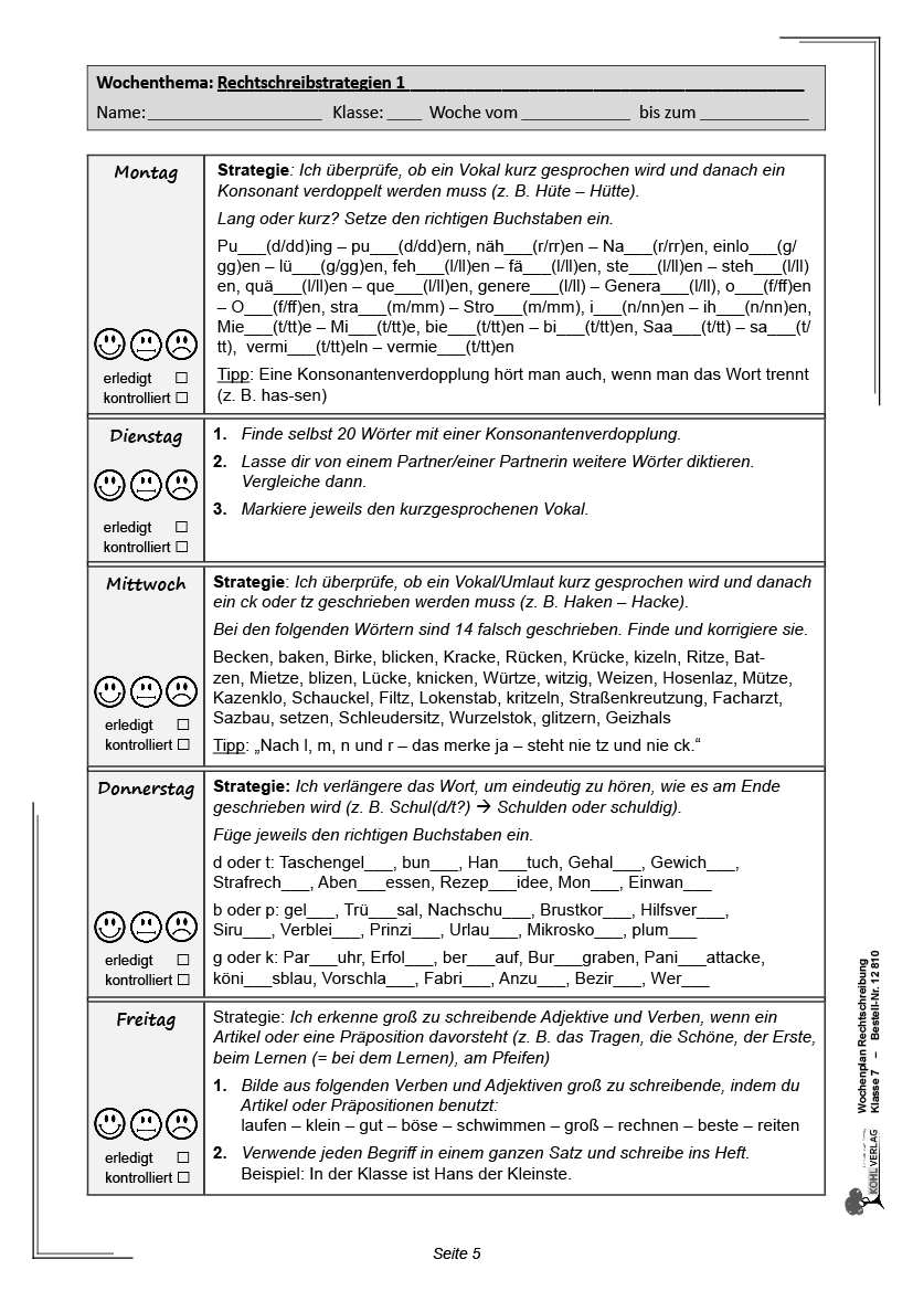 Wochenplan Rechtschreibung / Klasse 7