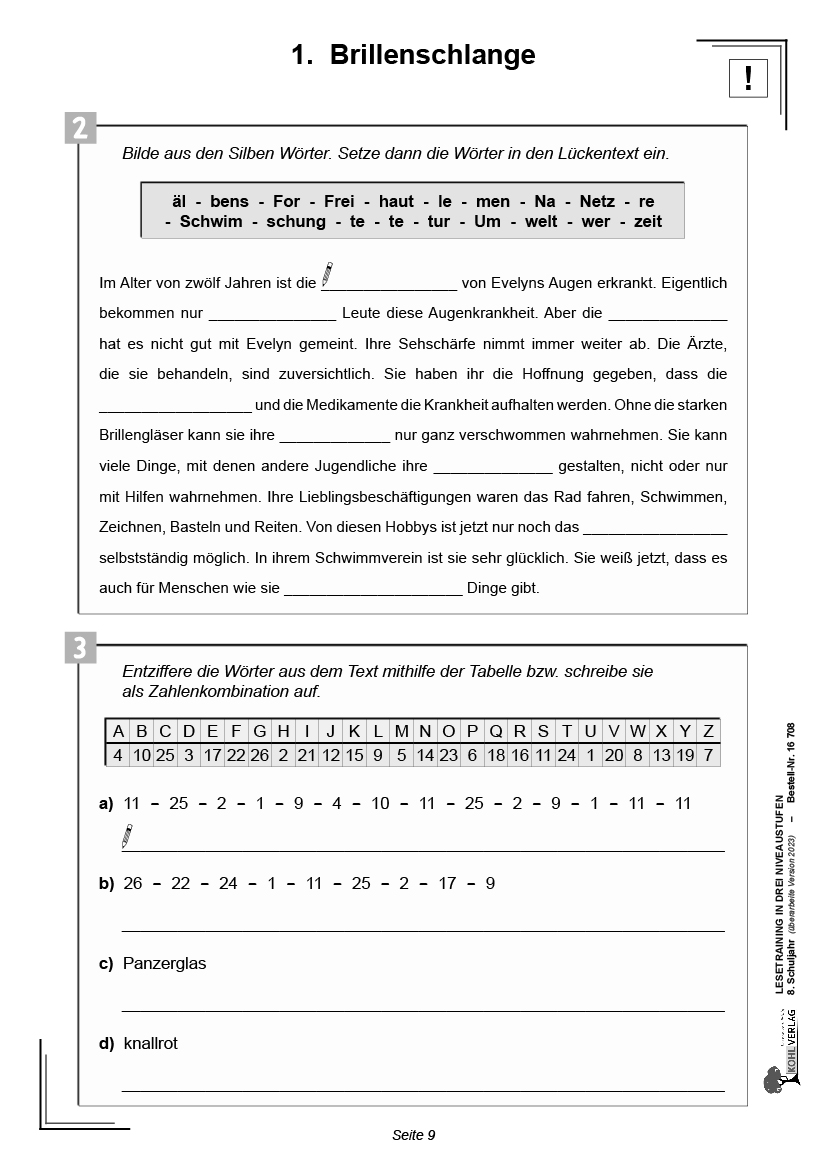 Lesetraining in drei Niveaustufen / Klasse 8