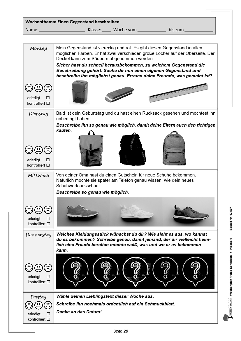 Wochenplan Freies Schreiben / Klasse 4