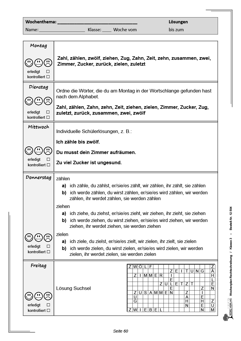 Wochenplan Rechtschreibung / Klasse 3