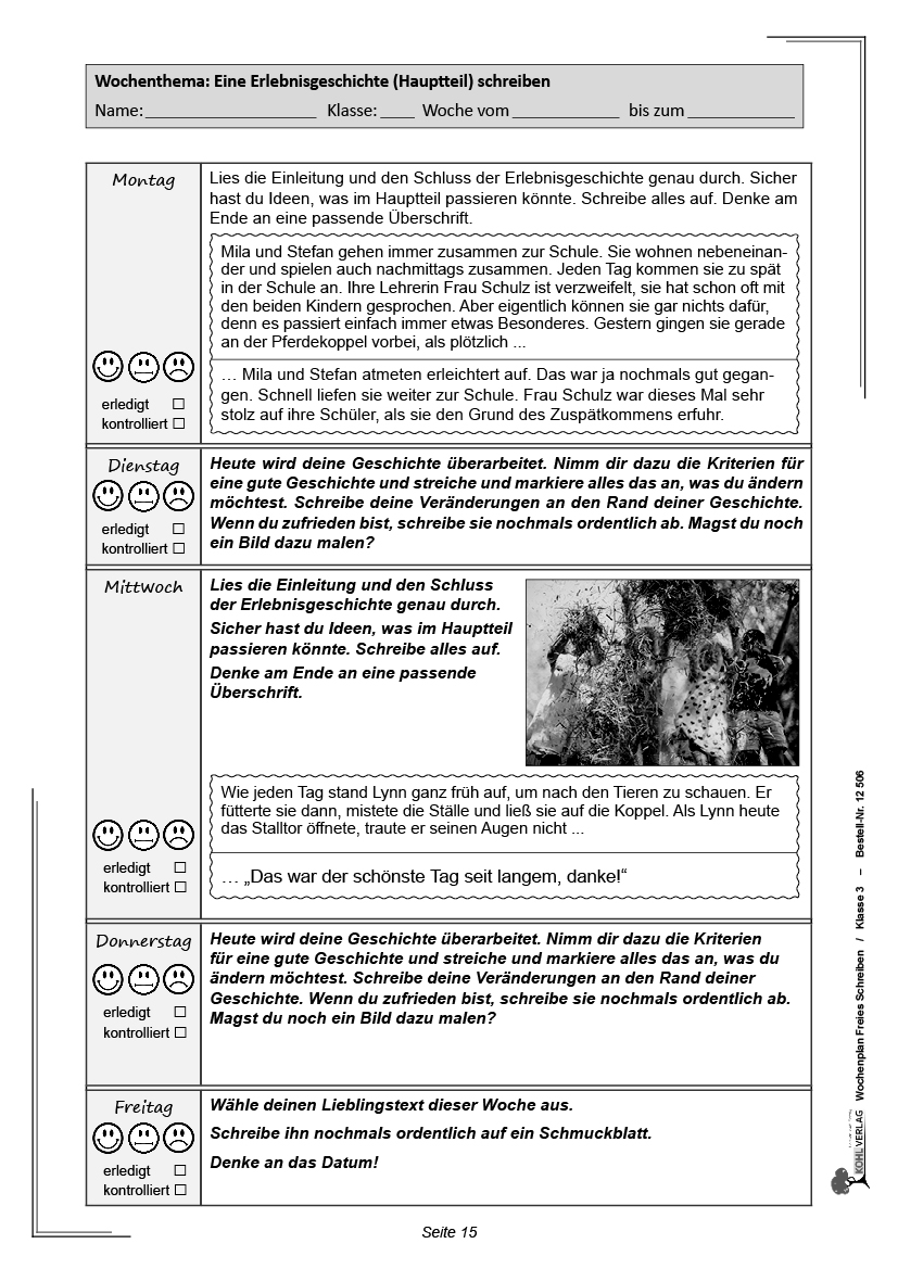 Wochenplan Freies Schreiben / Klasse 3