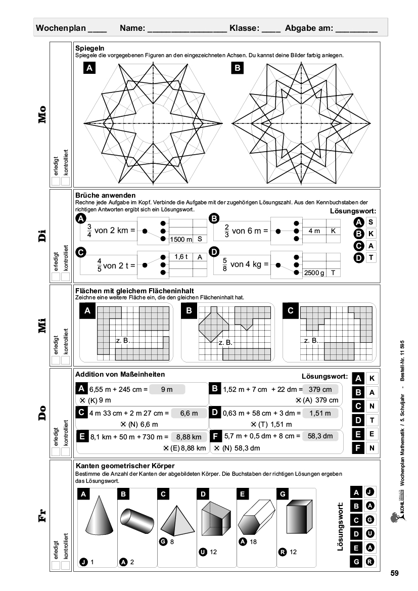 Wochenplan Mathe / Klasse 5