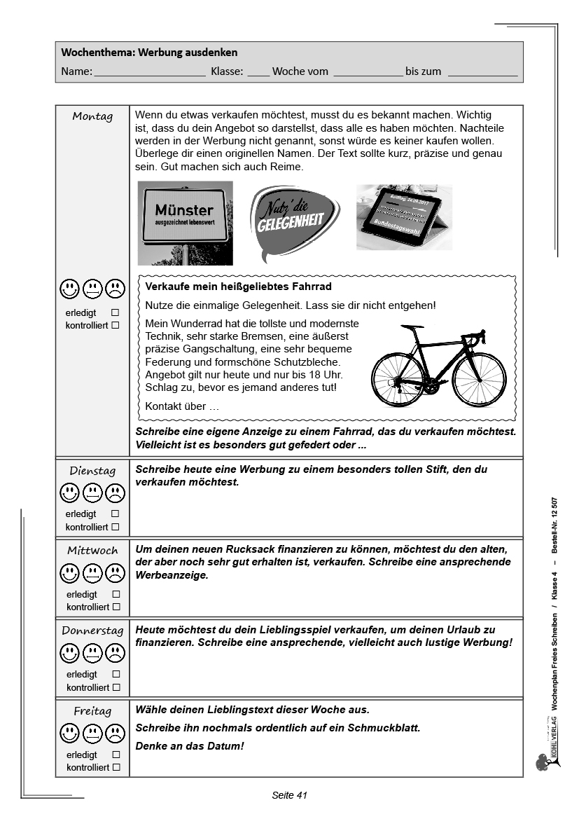 Wochenplan Freies Schreiben / Klasse 4