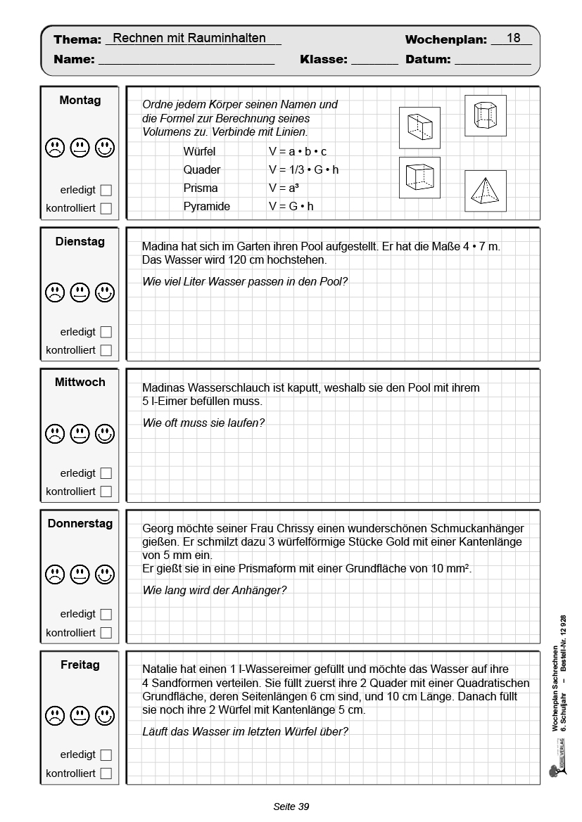 Wochenplan Sachrechnen / Klasse 6