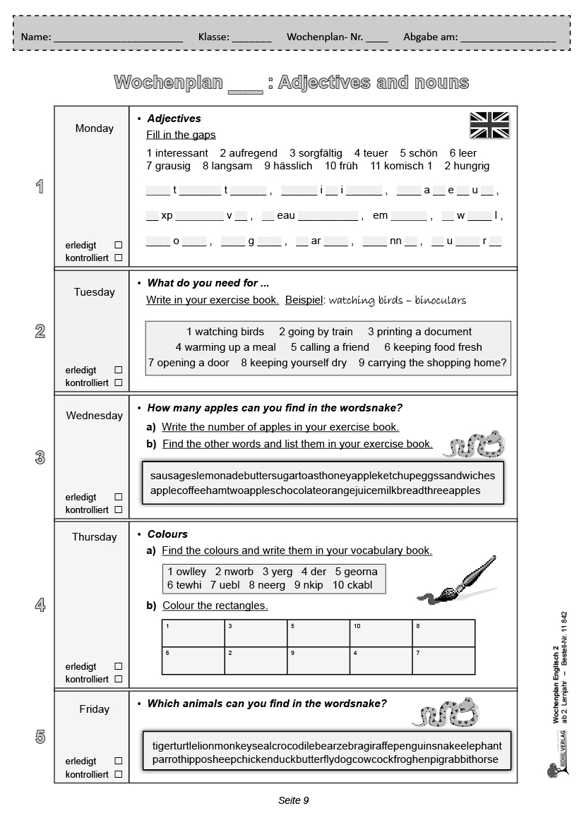 Wochenplan Englisch 2 / ab 2. Lernjahr