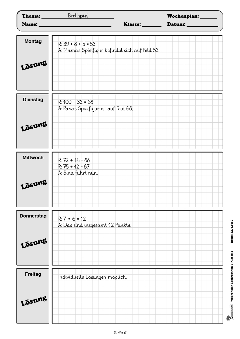 Wochenplan Sachrechnen / Klasse 4