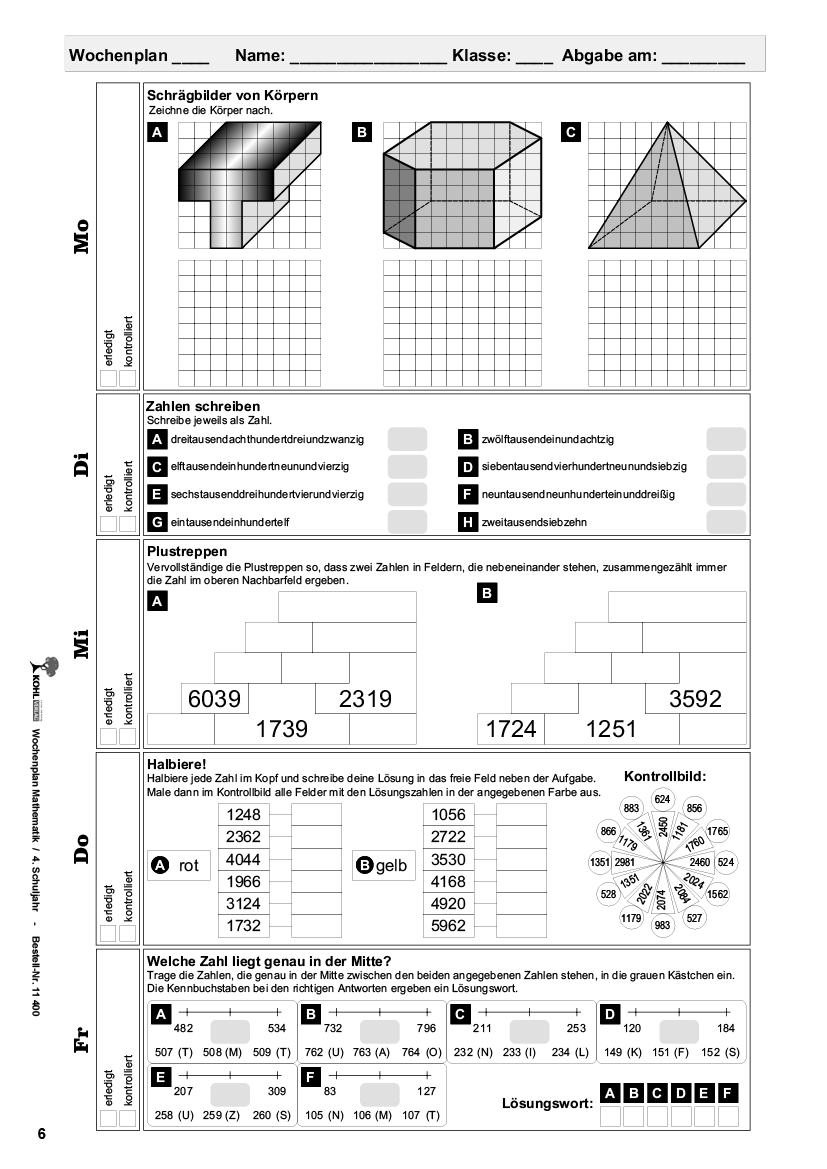 Wochenplan Mathe / Klasse 4