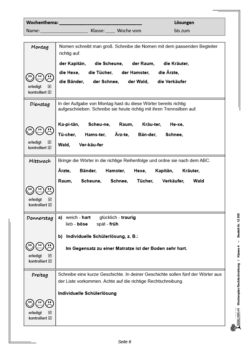 Wochenplan Rechtschreibung / Klasse 4