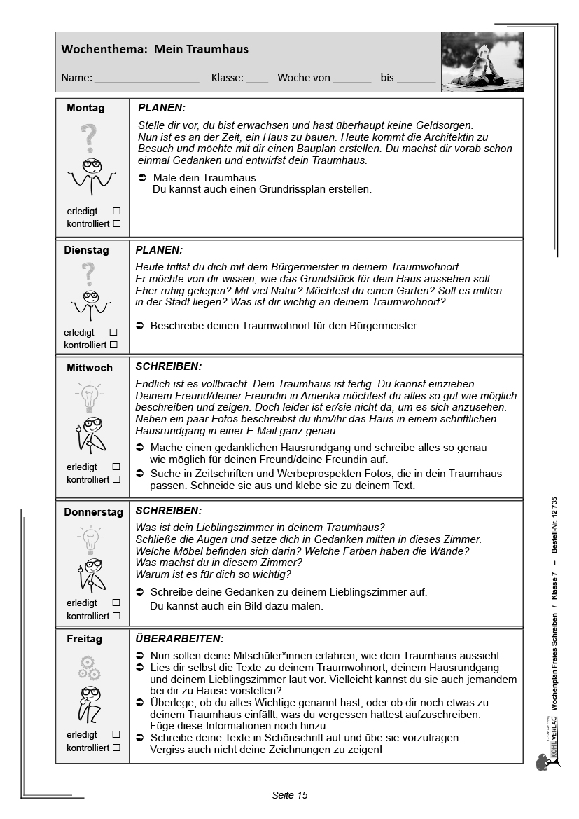 Wochenplan Freies Schreiben / Klasse 7