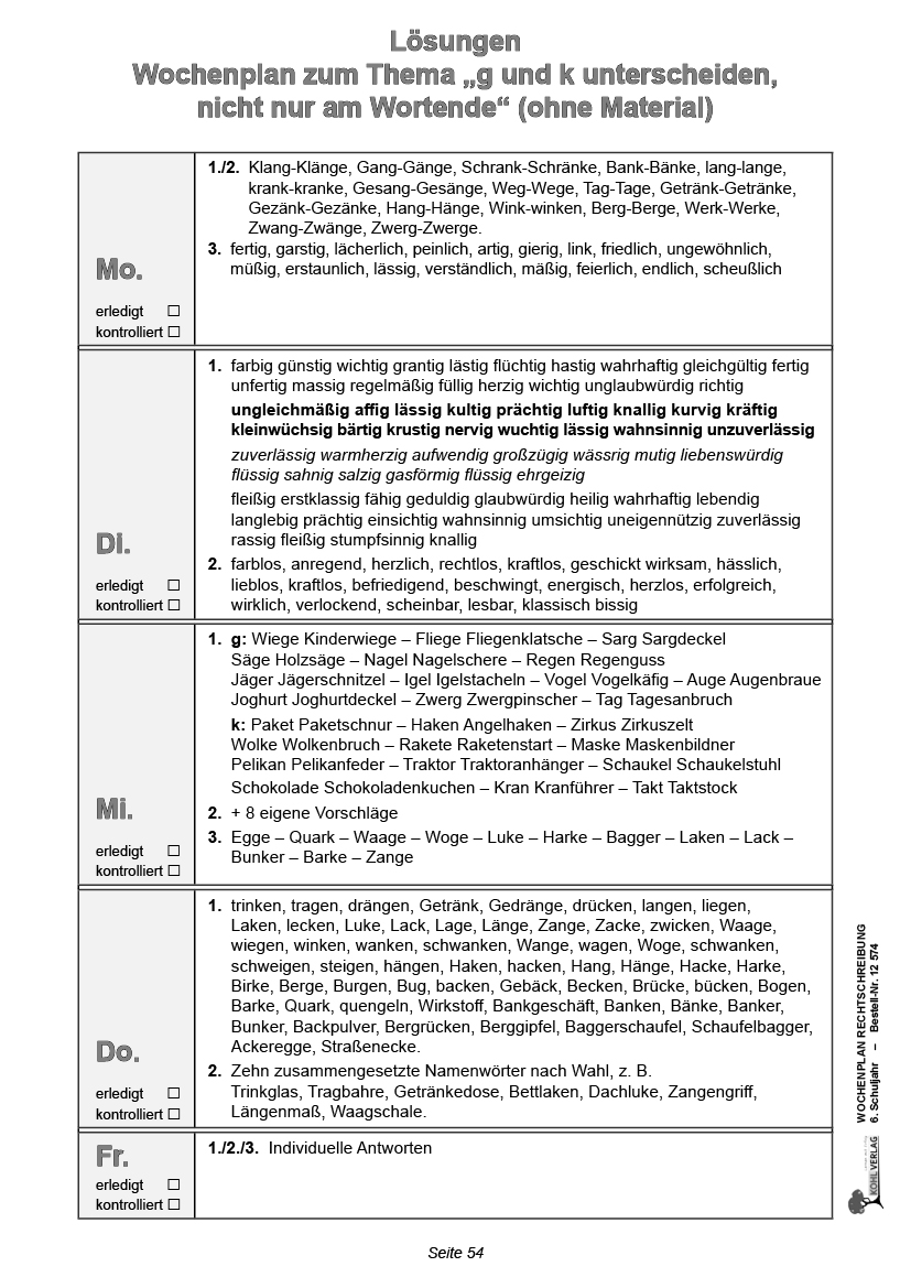 Wochenplan Rechtschreibung / Klasse 6