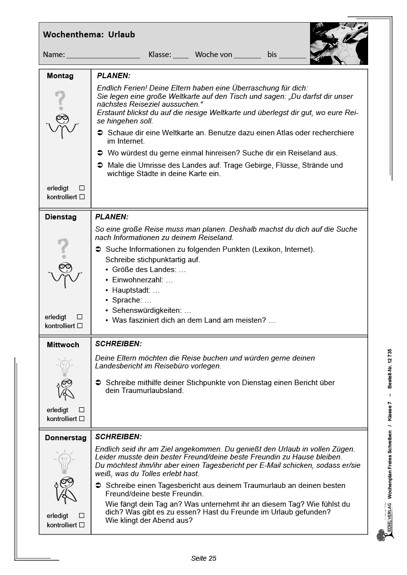 Wochenplan Freies Schreiben / Klasse 7