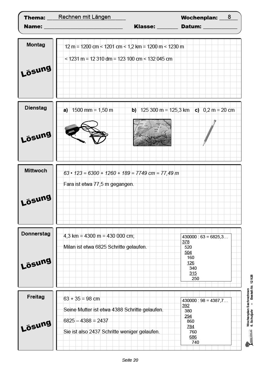 Wochenplan Sachrechnen / Klasse 6