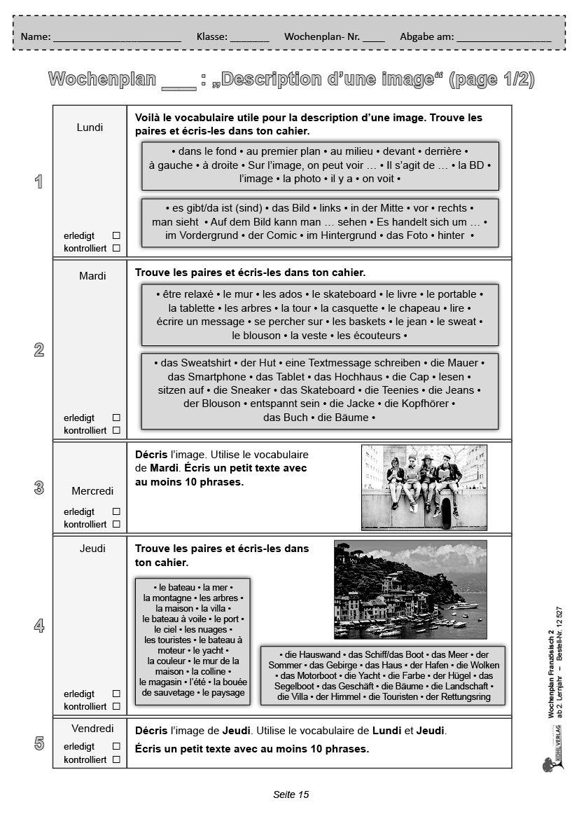 Wochenplan Französisch / ab 2. Lernjahr