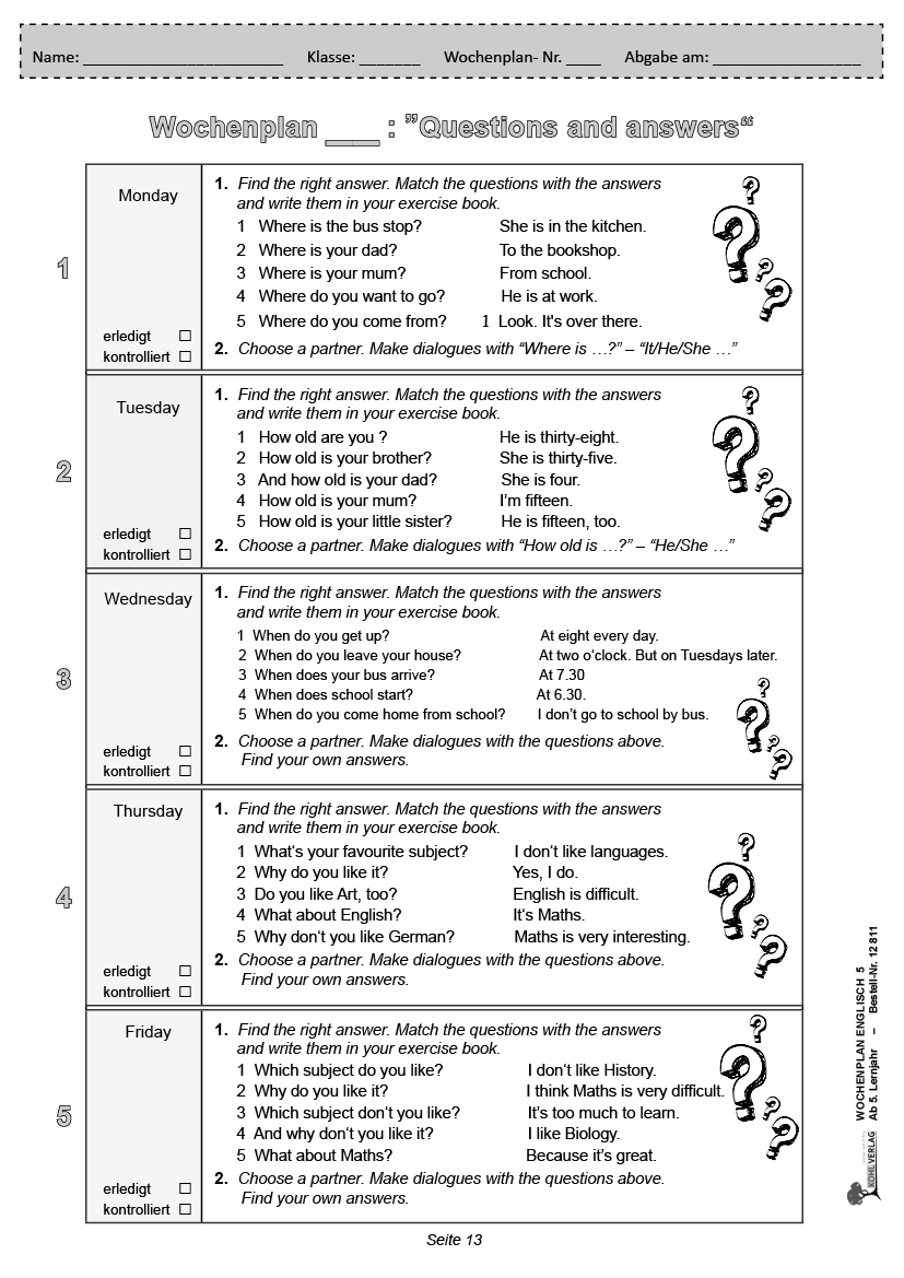 Wochenplan Englisch 5 - Ab 5. Lernjahr