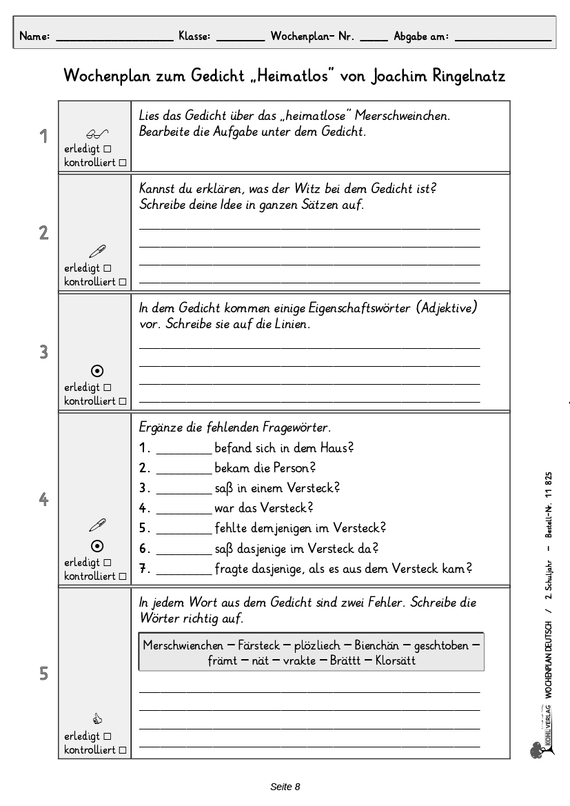 Wochenplan Deutsch / Klasse 2