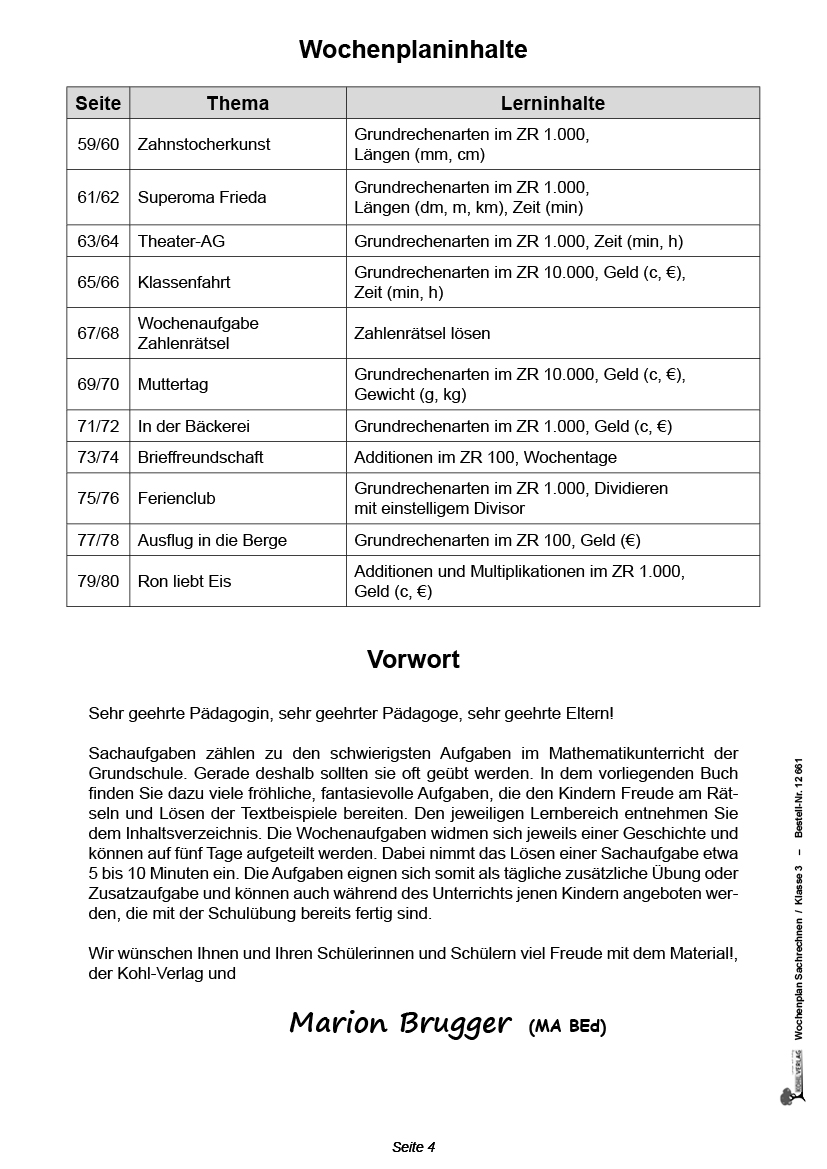 Wochenplan Sachrechnen / Klasse 3